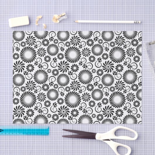 Minimalist Black White Retro Spiral Flower Pattern Seidenpapier (Handwerk)