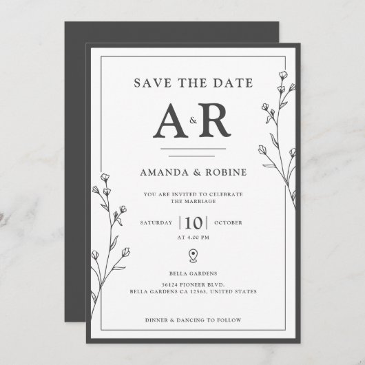Minimalist Black & White Save The Date (Vorne/Hinten)