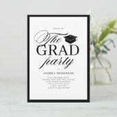 Minimalist Black White Script Grad Party Photo  Einladung (Stehend Vorderseite)