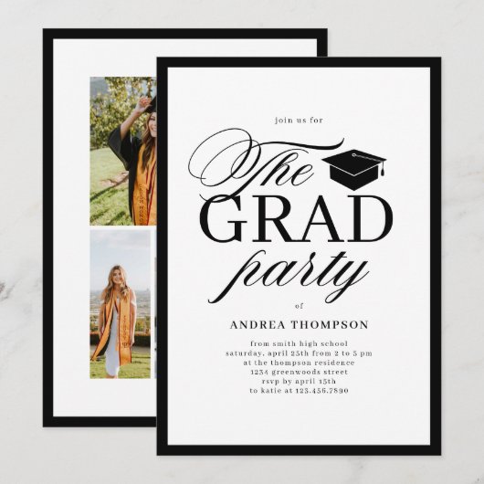 Minimalist Black White Script Grad Party Photo  Einladung (Vorne/Hinten)