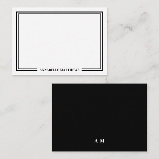 Minimalist Black White Two Border Monogram Mitteilungskarte (Vorne/Hinten)