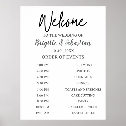 Minimalist Black & White Wedding Welcome Timeline Poster (Vorne)