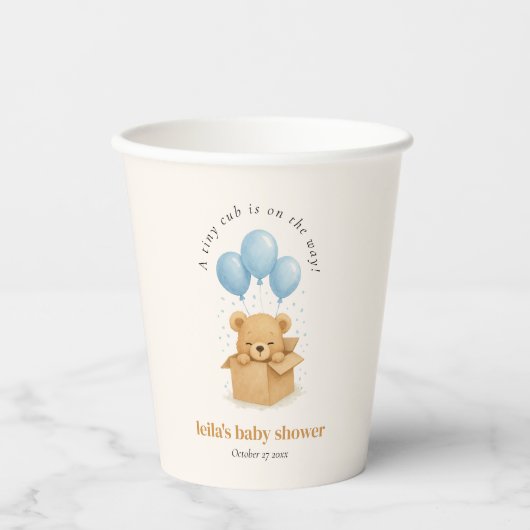 Minimalist Blue Balloon Bear Baby Shower Pappbecher (Vorderseite)