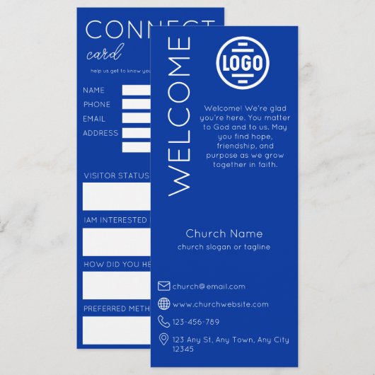 Minimalist Blue Church Connection Card Einladung (Vorne/Hinten)
