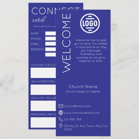 Minimalist Blue Church Connection Card Einladung (Vorne/Hinten)