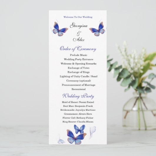 Minimalist Blue Editable Photo Wedding Program Programm (Stehend Vorderseite)
