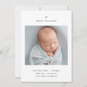 Minimalist Blue Heart Boy Birth Announcement Ankündigung (Vorderseite)
