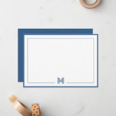 Minimalist Blue Monogram Double Border Stationery Mitteilungskarte (Vorderseite/Rückseite Beispiel)