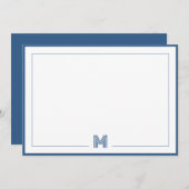Minimalist Blue Monogram Double Border Stationery Mitteilungskarte (Vorne/Hinten)