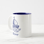 Minimalist Blue Sailboat Sailing Maritime Zweifarbige Tasse (Vorderseite Links)