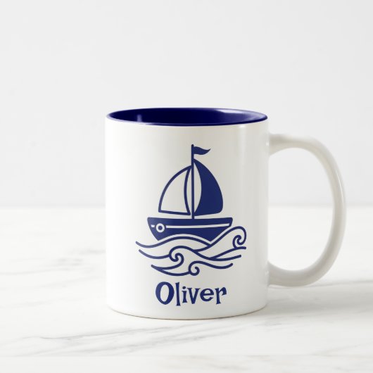 Minimalist Blue Sailboat Sailing Maritime Zweifarbige Tasse (Rechts)