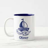 Minimalist Blue Sailboat Sailing Maritime Zweifarbige Tasse (Links)