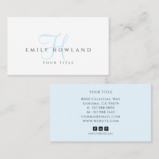 Minimalist Blue Script Monogramm Name Visitenkarte (Vorne/Hinten)