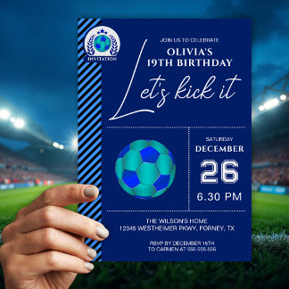 Minimalist Blue Soccer Birthday Invitation Card Einladung