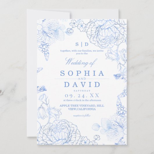 Minimalist Blue WildFlower Rustic Wedding  Einladung (Vorderseite)