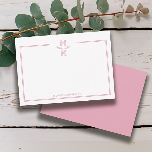 Minimalist Blush Pink Border Monogram Note Card Mitteilungskarte