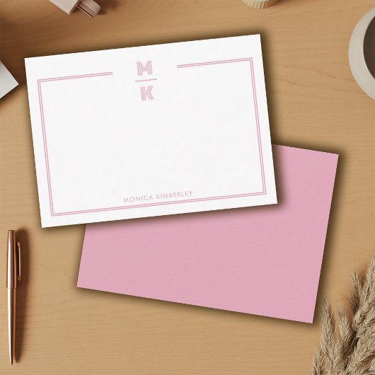 Minimalist Blush Two Border Monogram Note Card Mitteilungskarte