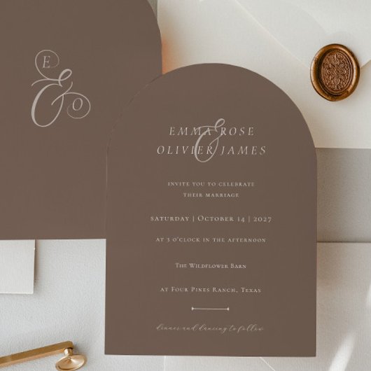 Minimalist Boho Cocoa Brown Ivory Script Wedding Einladung