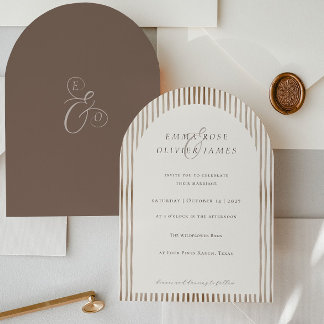 Minimalist Boho Cocoa Brown Stripes Ivory Wedding Einladung