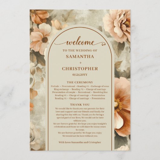 Minimalist Boho Copper Ivory Sage Floral Wedding Programm (Vorderseite)