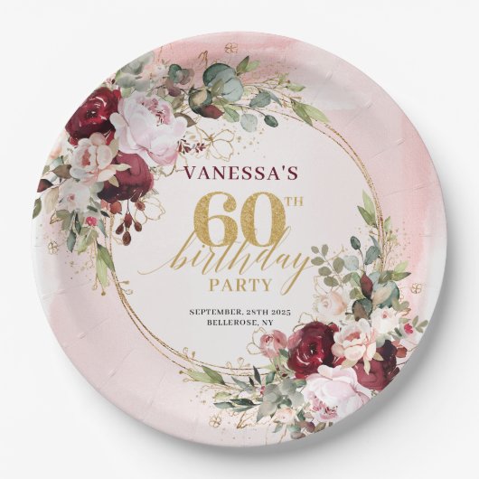 Minimalist Boho Deep Red Blush Gold Roses Plates Pappteller (Vorderseite)