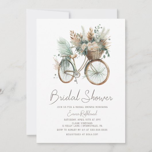 Minimalist Boho Floral Bicycle Bridal Shower Einladung (Vorderseite)