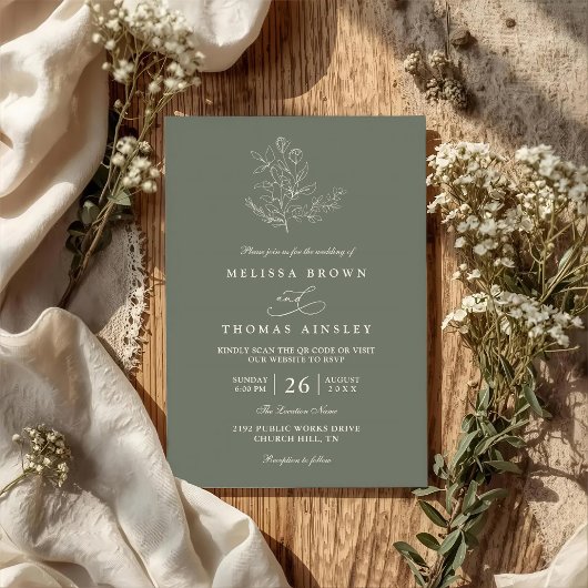 Minimalist Boho Floral Sage Modern QR Code Wedding Einladung