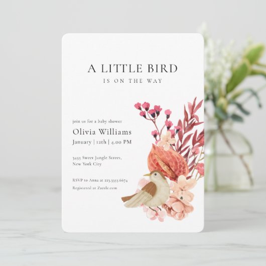 Minimalist Boho Flower Tiny Bird Baby Shower   Einladung (Stehend Vorderseite)