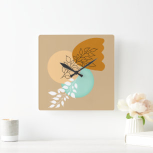 MINIMALIST BOHO LEAVES _  SIMPLE AND STYLISH  QUADRATISCHE WANDUHR