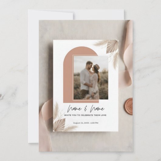 Minimalist boho wedding invitation with photo einladung (Vorderseite)