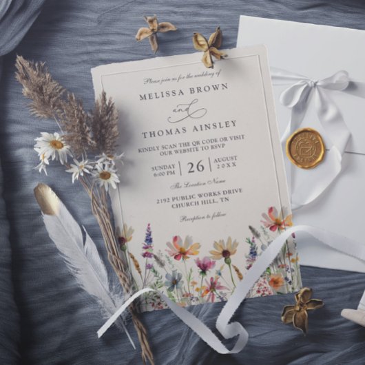 Minimalist Boho Wildflower Floral QR Code Wedding Einladung