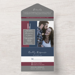 Minimalist Bordeaux Navy Blau Monogramm Hochzeit All In One Einladung