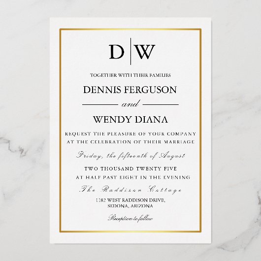 Minimalist Border Monogram Wedding Folieneinladung (Vorderseite)