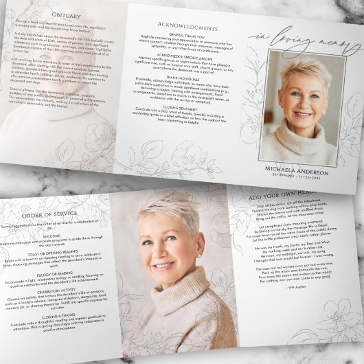 Minimalist Botanical 3-Photo Funeral/Memorial Dreifach-gefaltete Programmkarte