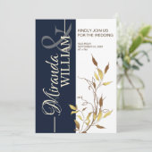 Minimalist Botanical Navy Blue Wedding Invitation Einladung (Stehend Vorderseite)