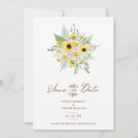 Minimalist Botanical Sunflowers Bouquet Wedding Save The Date (Vorderseite)