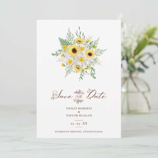 Minimalist Botanical Sunflowers Bouquet Wedding Save The Date (Stehend Vorderseite)