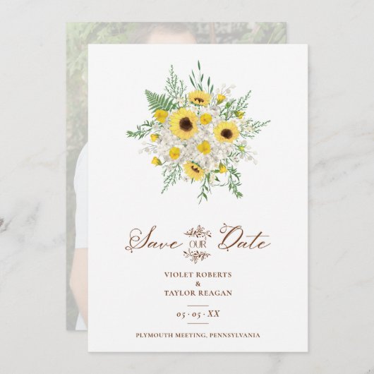 Minimalist Botanical Sunflowers Bouquet Wedding Save The Date (Vorne/Hinten)