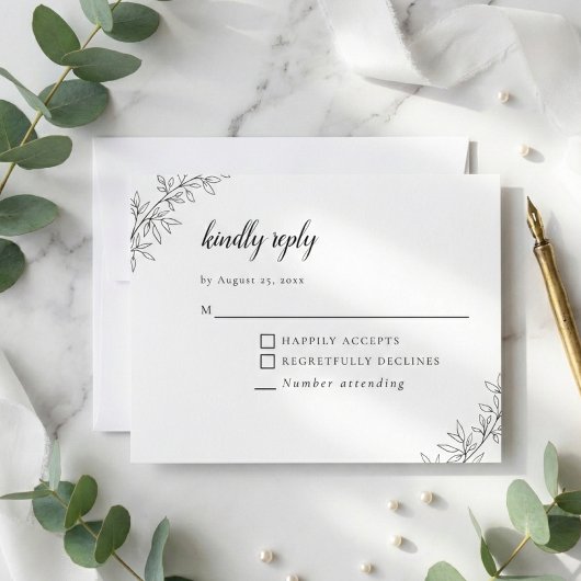 Minimalist Botanical Wedding Elegant Black White  RSVP Karte