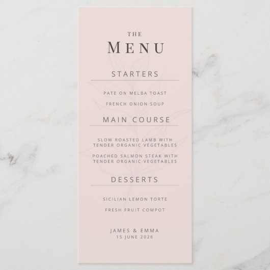 Minimalist Botanical Wedding Menu | Warm Blush Menükarte (Vorderseite)