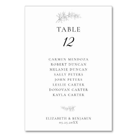 Minimalist Botanical Wedding Seating Chart Budget Tischnummer (Vorderseite)