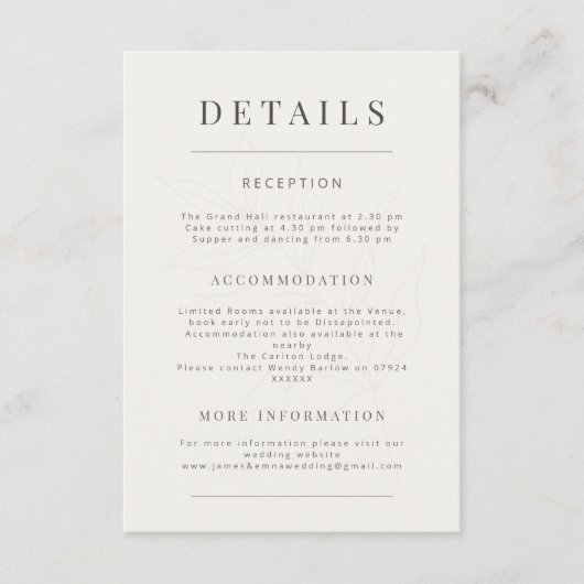 Minimalist Botanical Wedding Warm White Begleitkarte (Vorderseite)