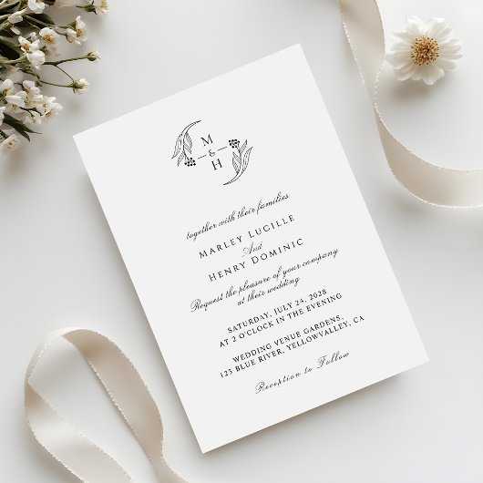 Minimalist botanical Wreath Monogram Wedding Einladung