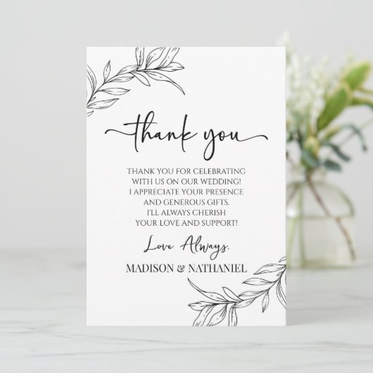 Minimalist Branch Leaf Custom Picture Wedding Dankeskarte (Stehend Vorderseite)