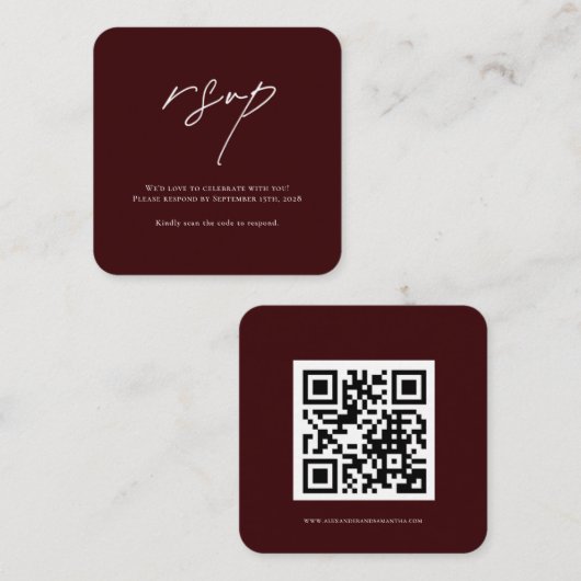 Minimalist Burgundy Wedding RSVP Card with QR Code Begleitkarte (Vorne/Hinten)