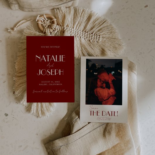 Minimalist Burgundy Whimsical Retro Photo Wedding Save The Date