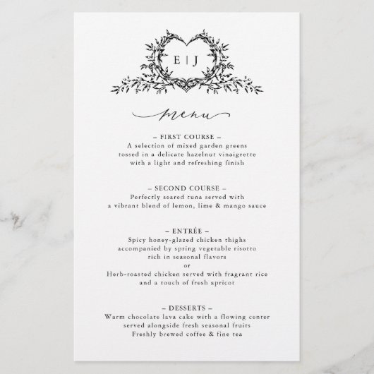 Minimalist Calligraphy Crest monogram Wedding Menu (Vorderseite)