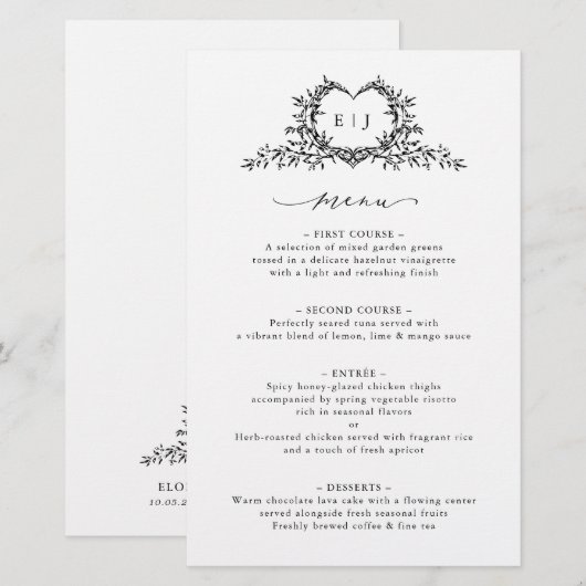 Minimalist Calligraphy Crest monogram Wedding Menu (Vorne/Hinten)