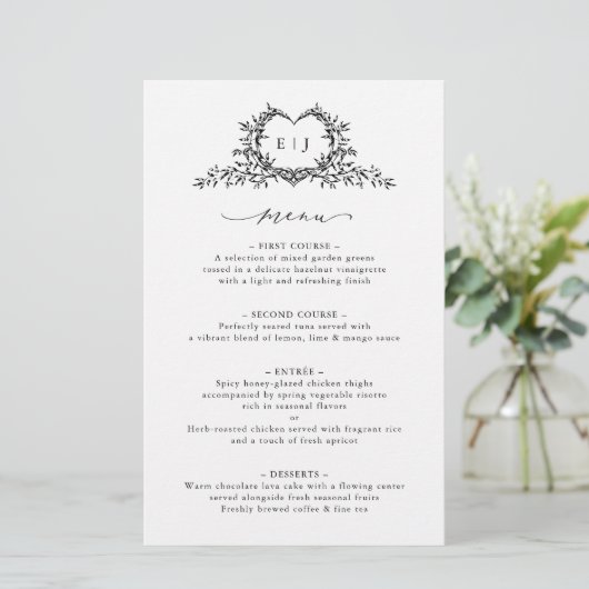Minimalist Calligraphy Crest monogram Wedding Menu (Stehend Vorderseite)