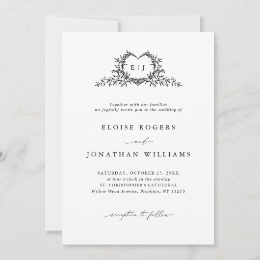 Minimalist Calligraphy Crest QR Code Chic Wedding Einladung (Vorderseite)